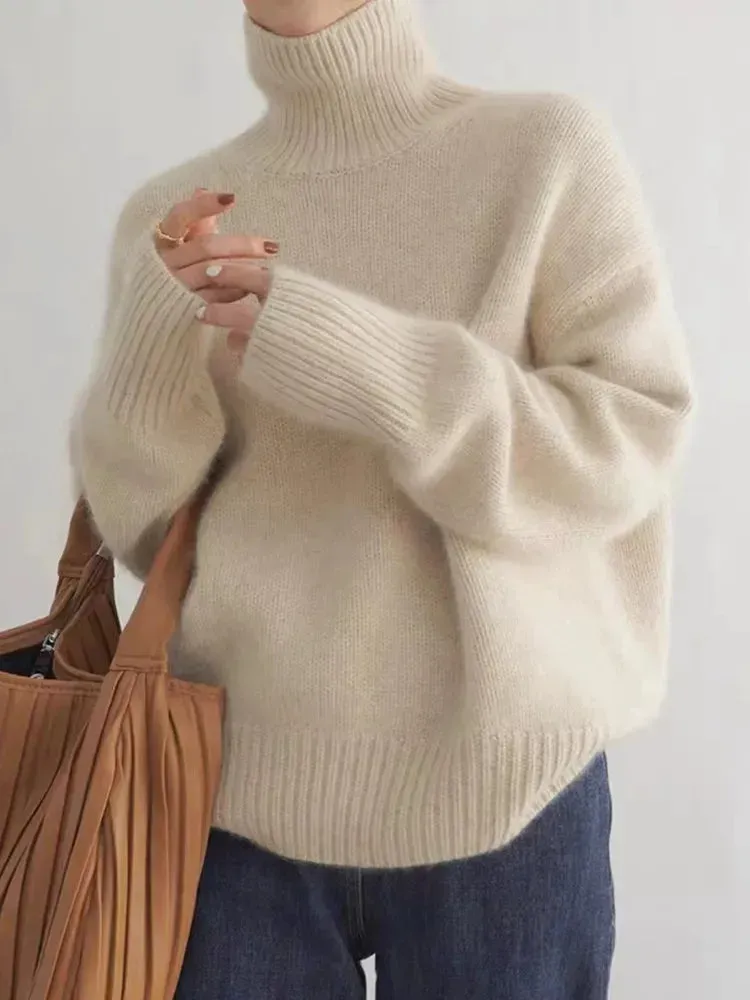Lockerer Damen Rollkragenpullover mit Rippdetails und langen Ärmeln - Image 4