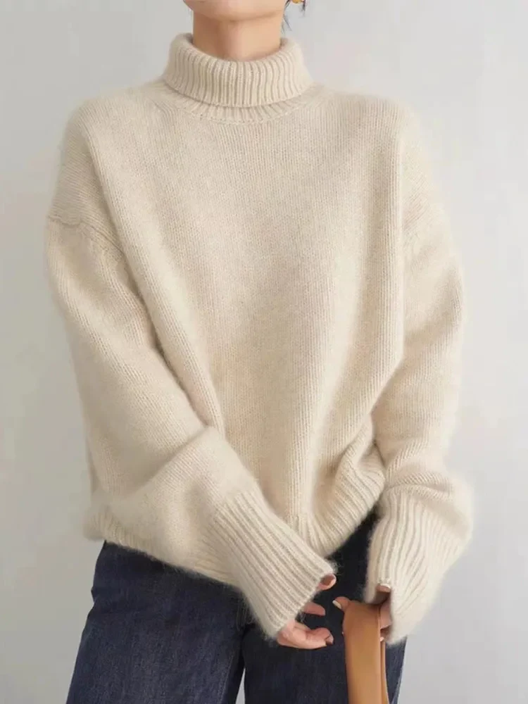 Lockerer Damen Rollkragenpullover mit Rippdetails und langen Ärmeln
