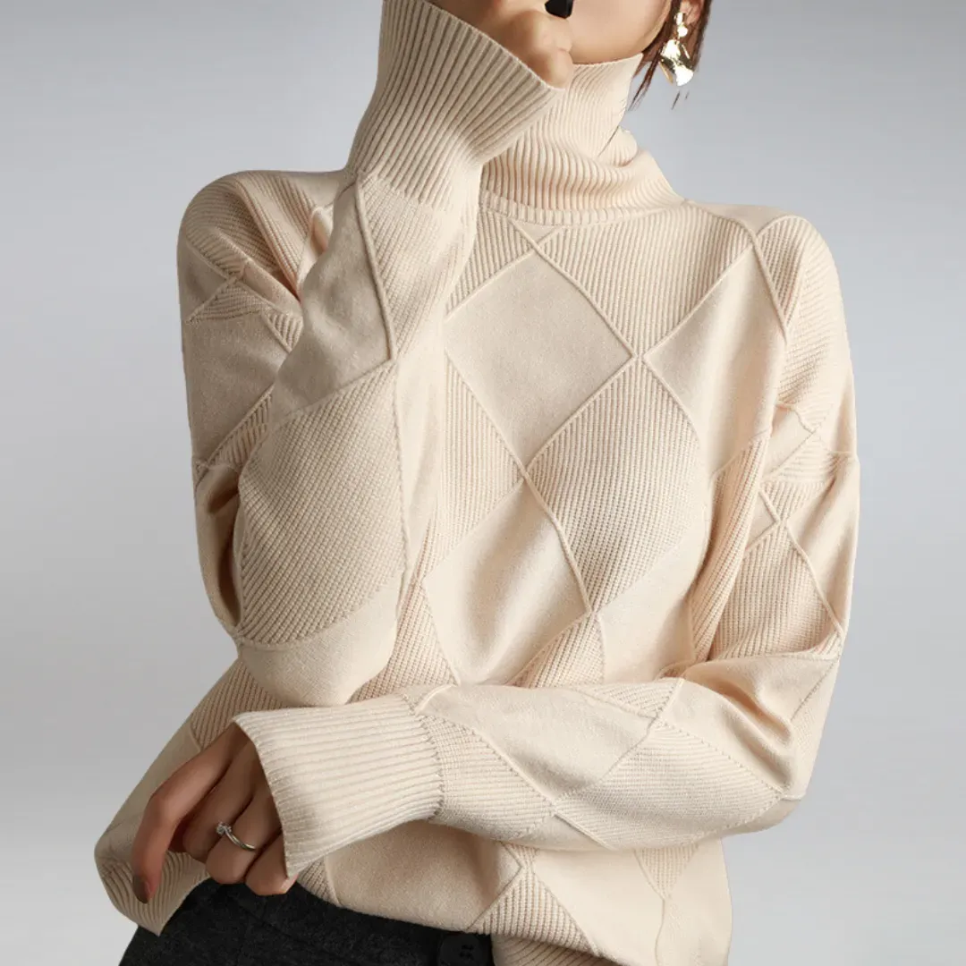 Lockerer Damen Rollkragenpullover mit Strickmuster und langen Ärmeln - Image 3