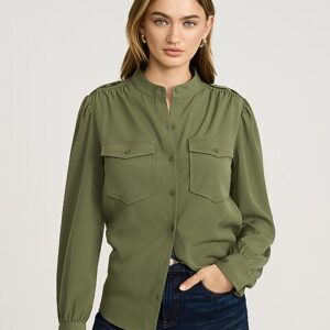 Langarm Bluse mit Doppel Brusttaschen und Knopfleiste